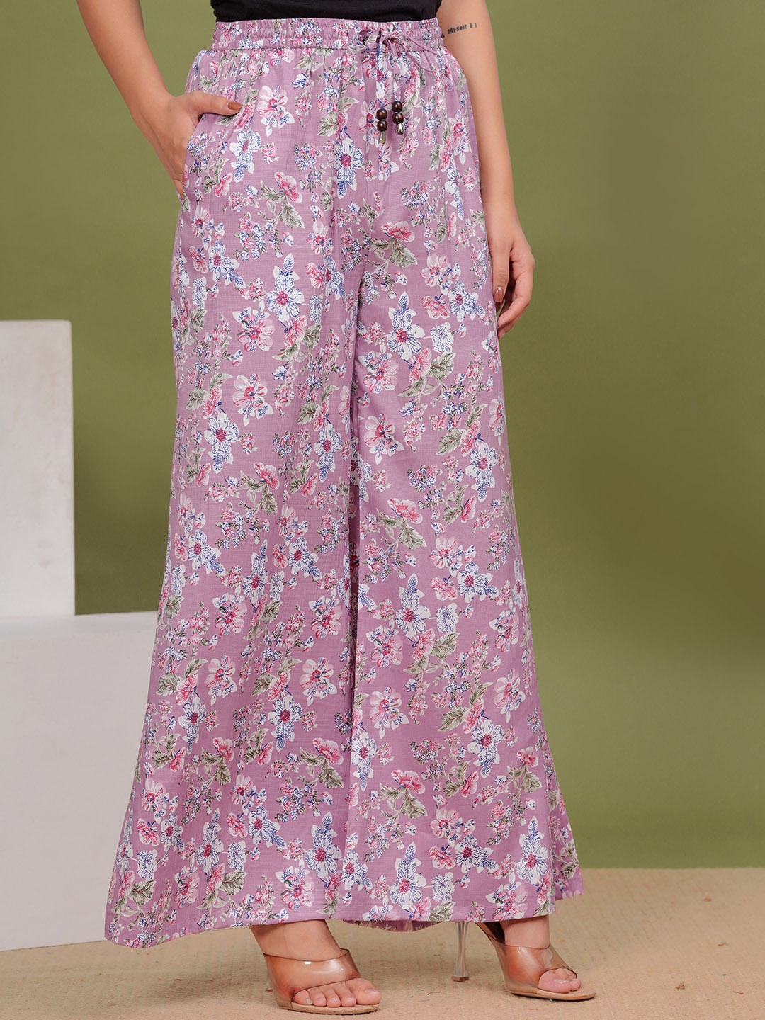 

Wakshi Kurti Women Floral Printed Mid-Rise Cotton Wide Leg Trousers, Pink