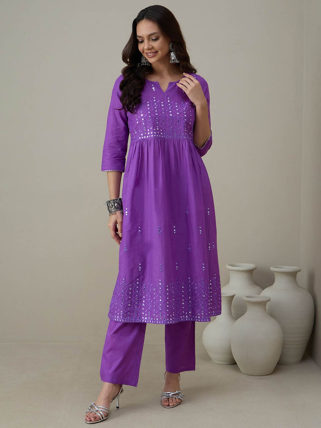 

House of Pataudi Embroidered Mirror Work Notch Neck Pure Cotton A-Line Kurta With Trouser, Purple
