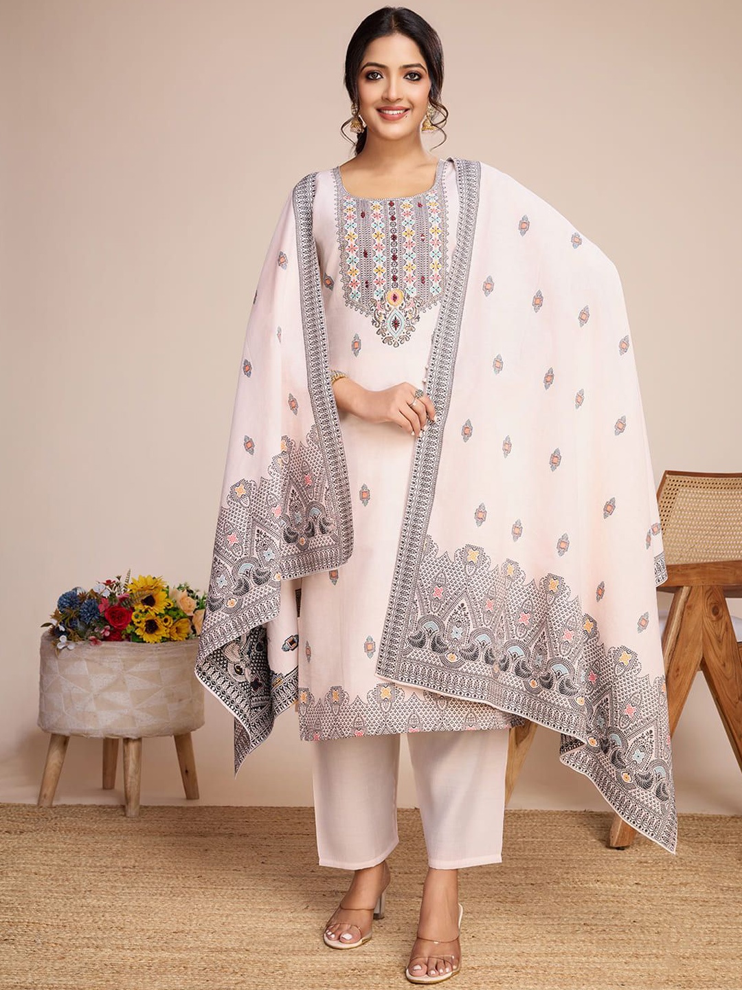 

Shriji fashion Ethnic Motifs Printed Pure Silk Straight Kurta With Trouser And Dupatta, White