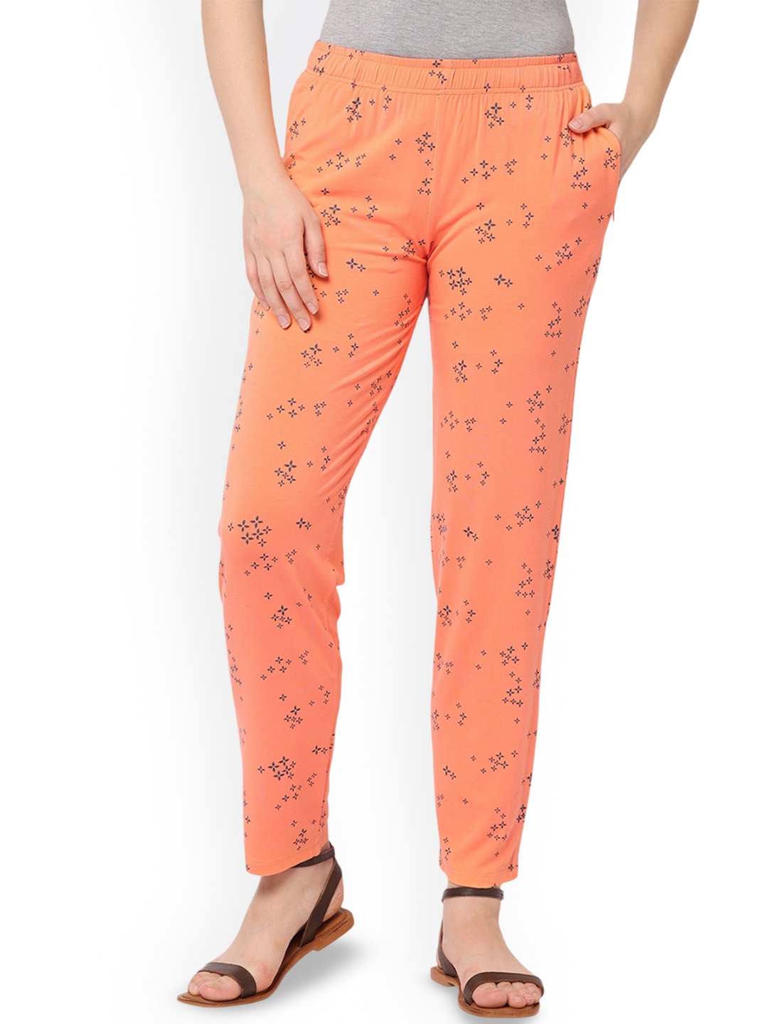 

LAASA SPORTS Women Floral Printed Mid-Rise Regular Trousers, Peach
