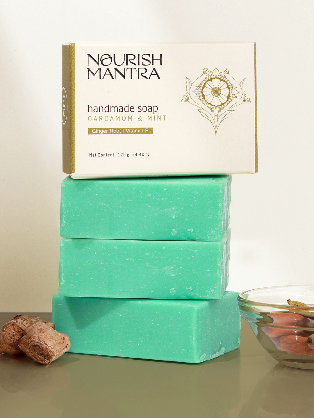 

Nourish Mantra Set Of 3 Cardamom & Mint Handmade Bathing Soap - 125g Each, Sea green