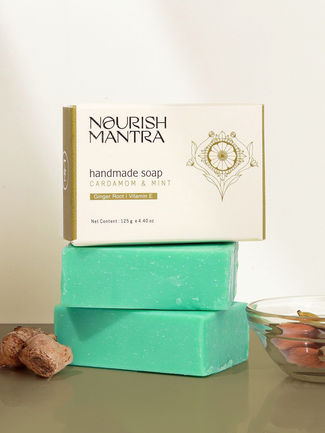 

Nourish Mantra Set Of 2 Cardamom & Mint Handmade Bathing Soap - 125 g Each, Sea green
