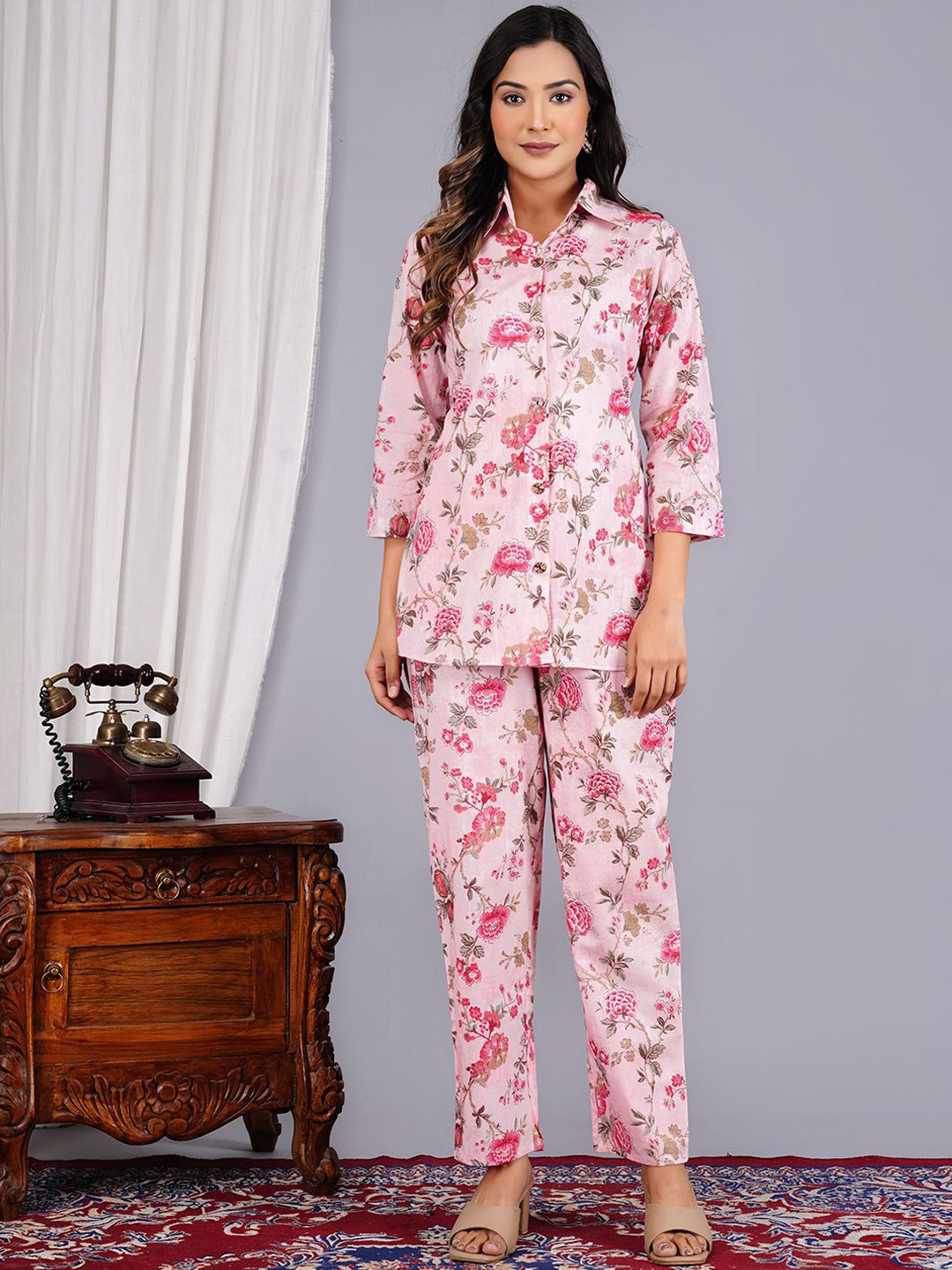 

FABISTA Floral Printed Shirt Collar Pure Cotton Shirt With Trouser, Pink