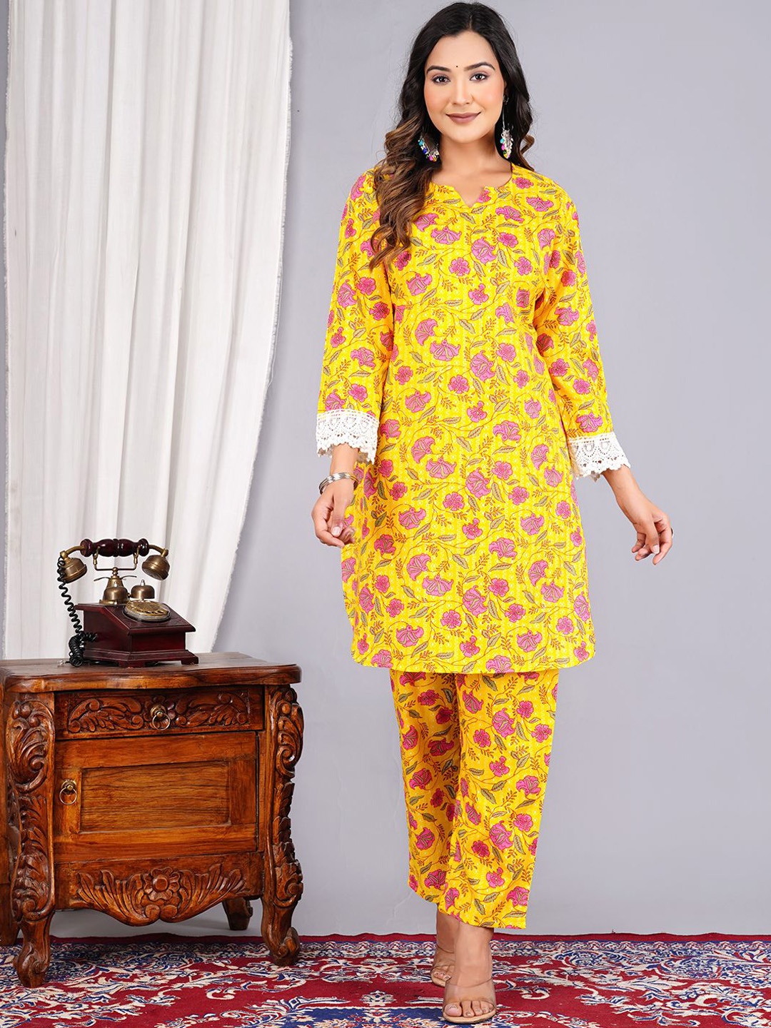 

FABISTA Floral Printed Notch Neck Pure Cotton Top With Trouser, Yellow
