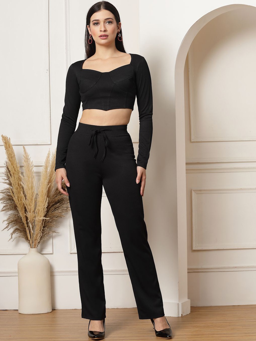 

aayu Square Neck Crop Top With Trousers, Black