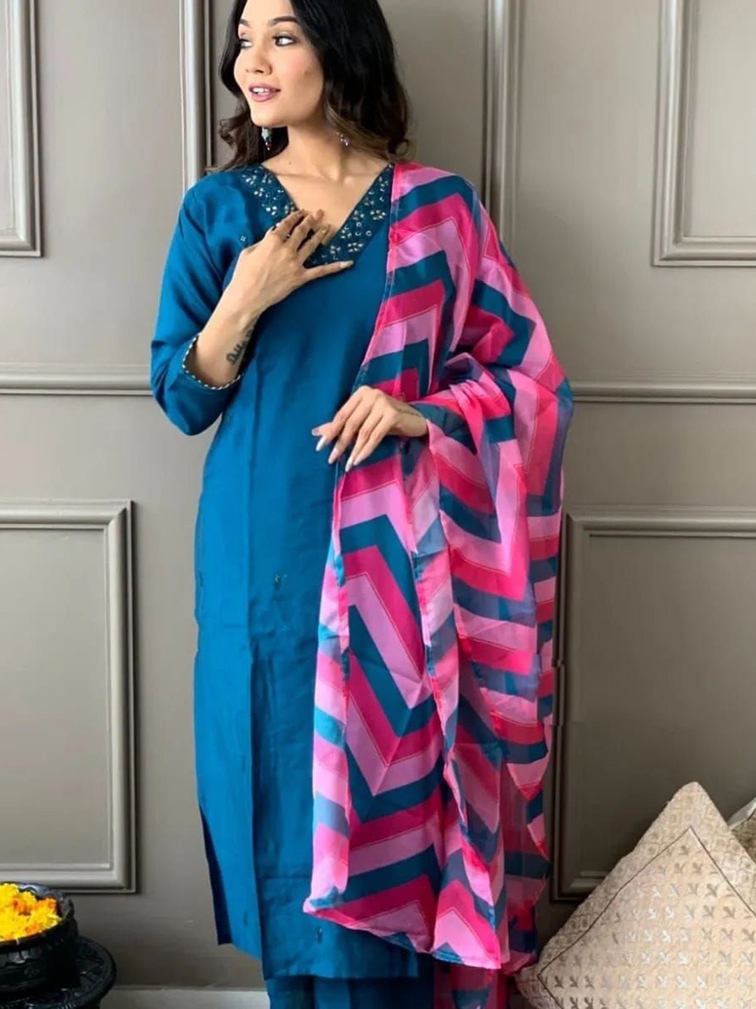 

IZIBRA Mirror Work V-Neck Straight Kurta with Trousers And Dupatta, Blue