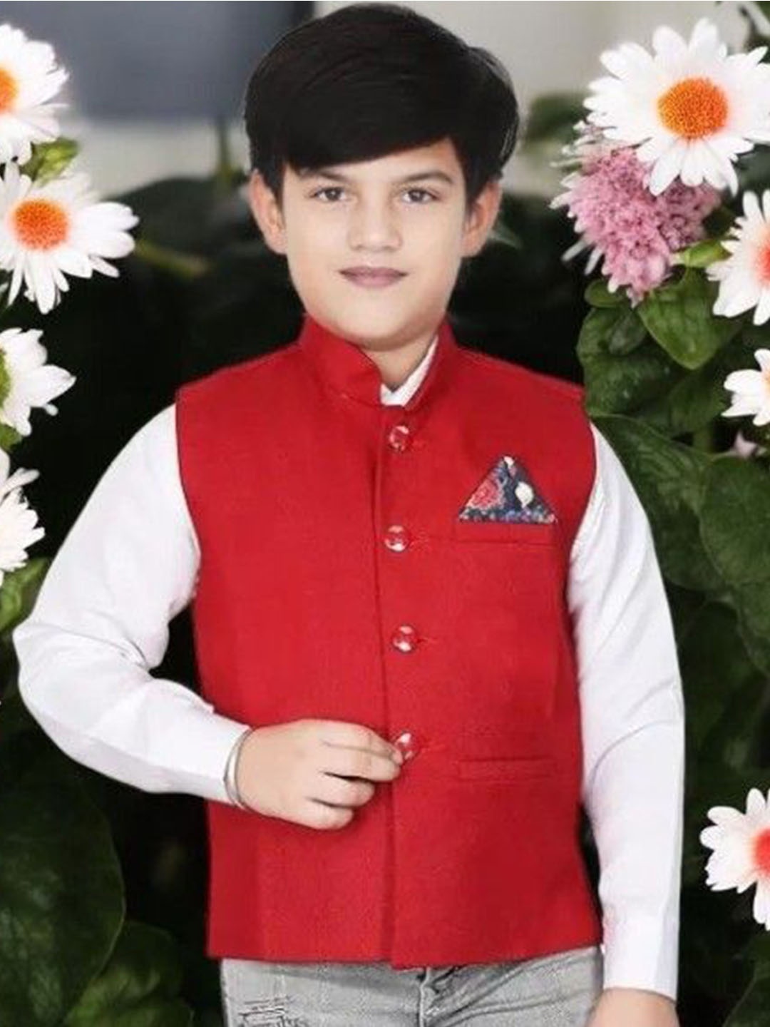 

Eliq Boys Mandarin Collar Jute Cotton Corduroy Nehru Jacket, Red