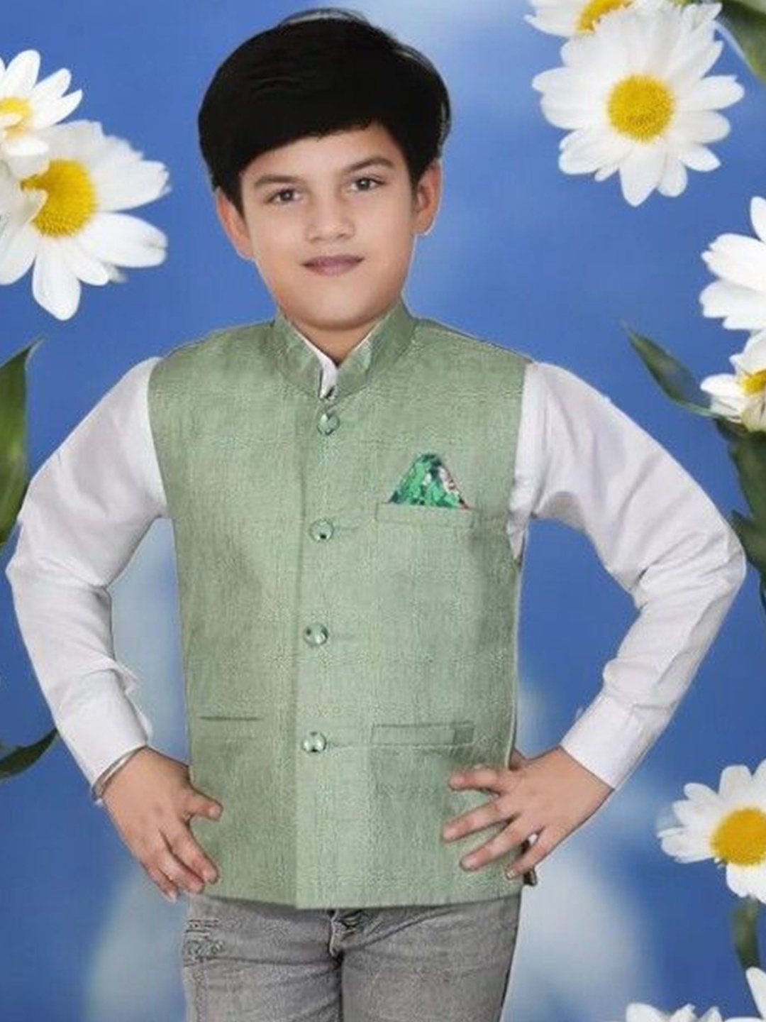 

Eliq Boys Mandarin Collar Jute Cotton Corduroy Nehru Jacket, Sea green