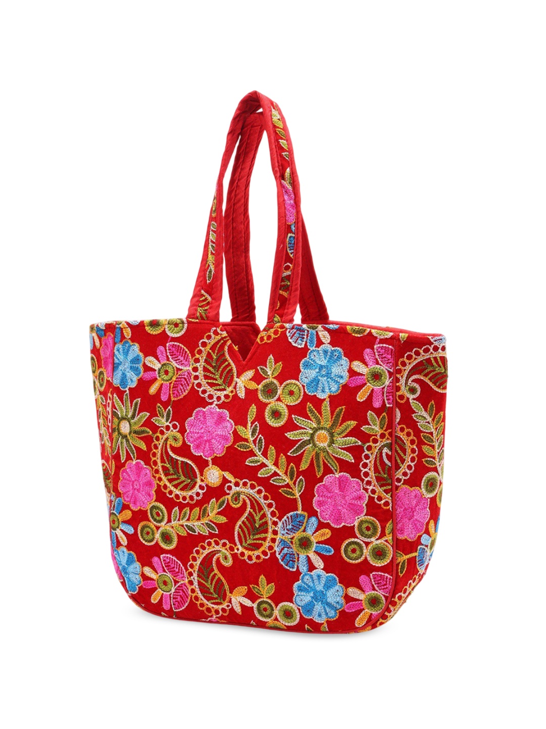 

Exotic India Red Kutch Shoulder Bag with Chain Stitch Embroidered Flower and Paisley