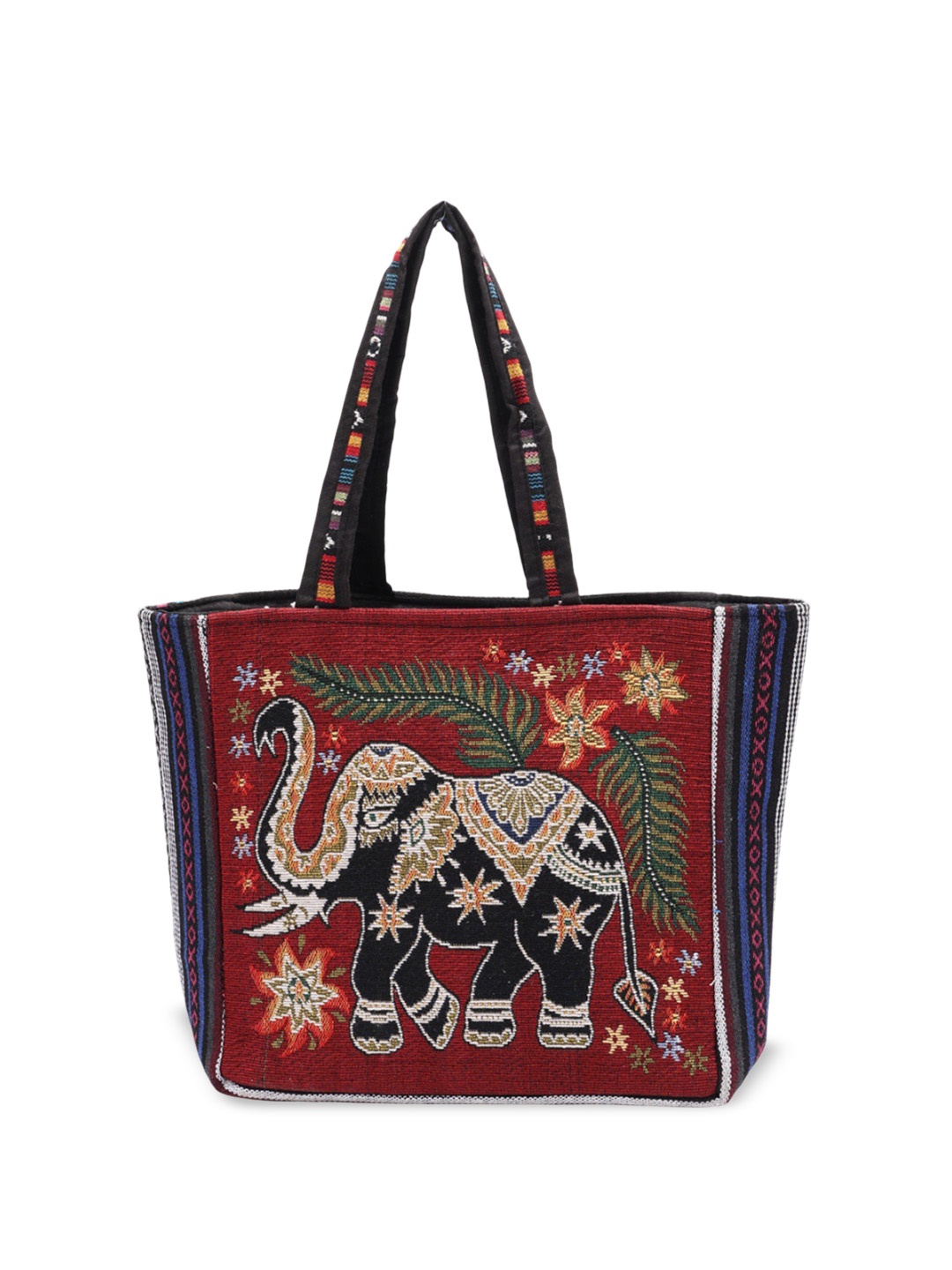 Exotic India Elephant Motifs Cotton Kutch Tote Bag with Zipper Closure, Red
