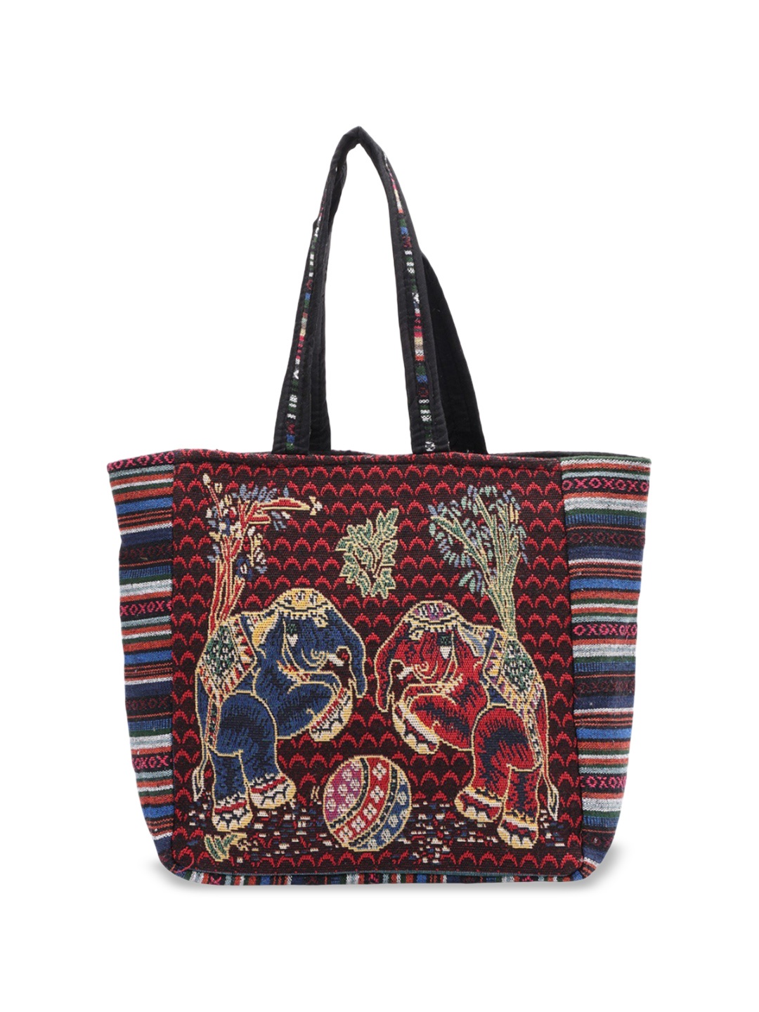 

Exotic India Cotton Zipper Closure Kutch Tote Bag with Pair of Elephant Motifs, Red