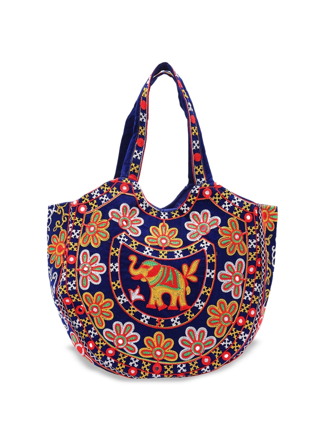 

Exotic India Velvet Blue Kutch Shoulder Bag with Multicolor Embroidered Elephant