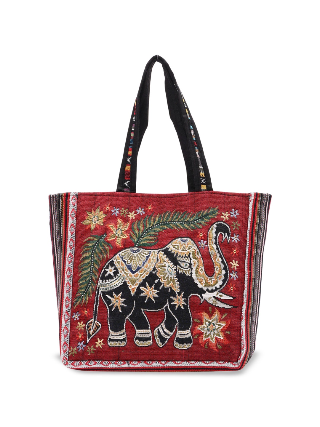 

Exotic India Elephant Motifs Cotton Kutch Tote Bag with Zipper Closure, Red