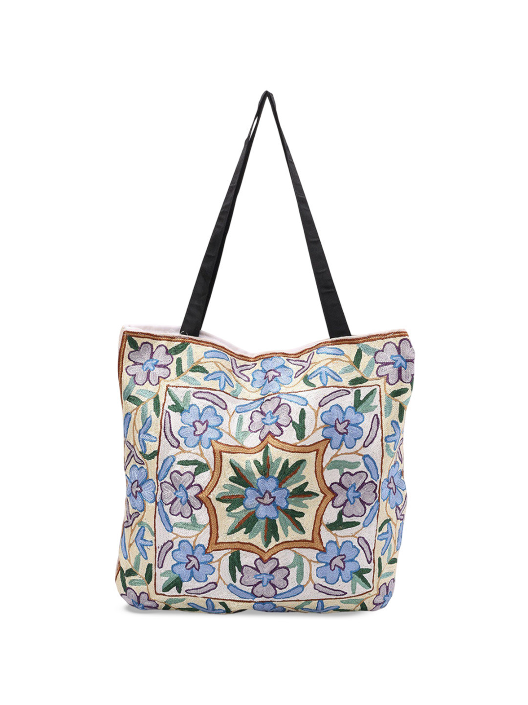 

Exotic India Chain Stitched Kashmiri Aari Embroidered Shopper Tote Bag, Yellow