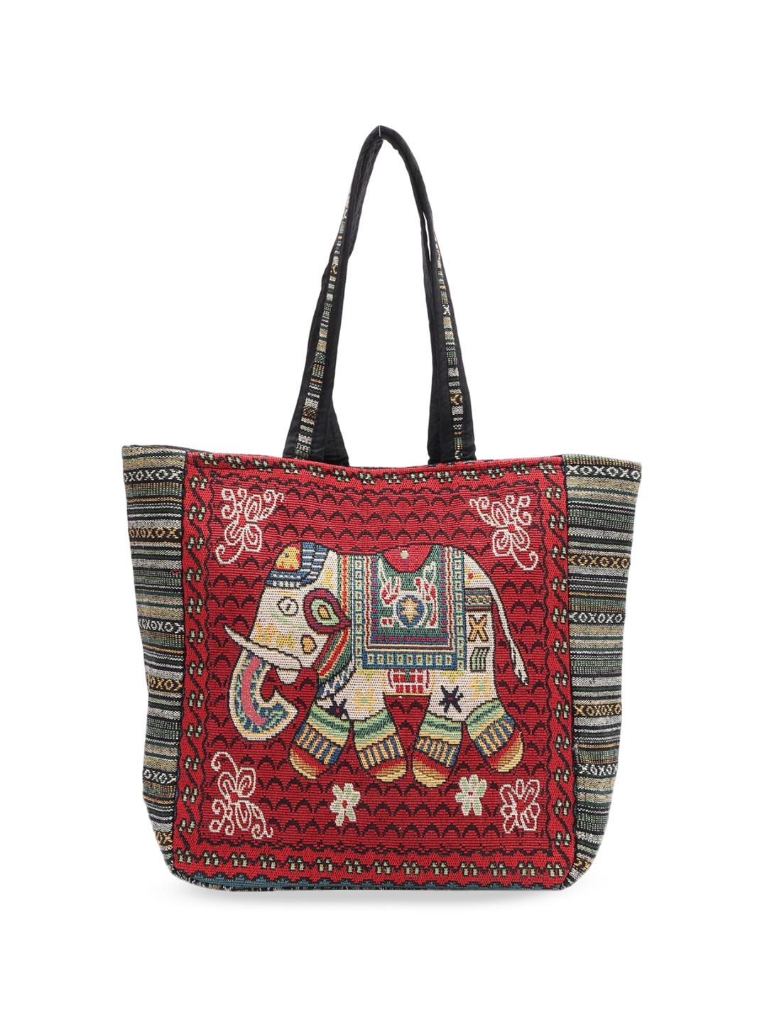 

Exotic India Elephant Motif Kutch Tote Bag with Zipper Closure, Red