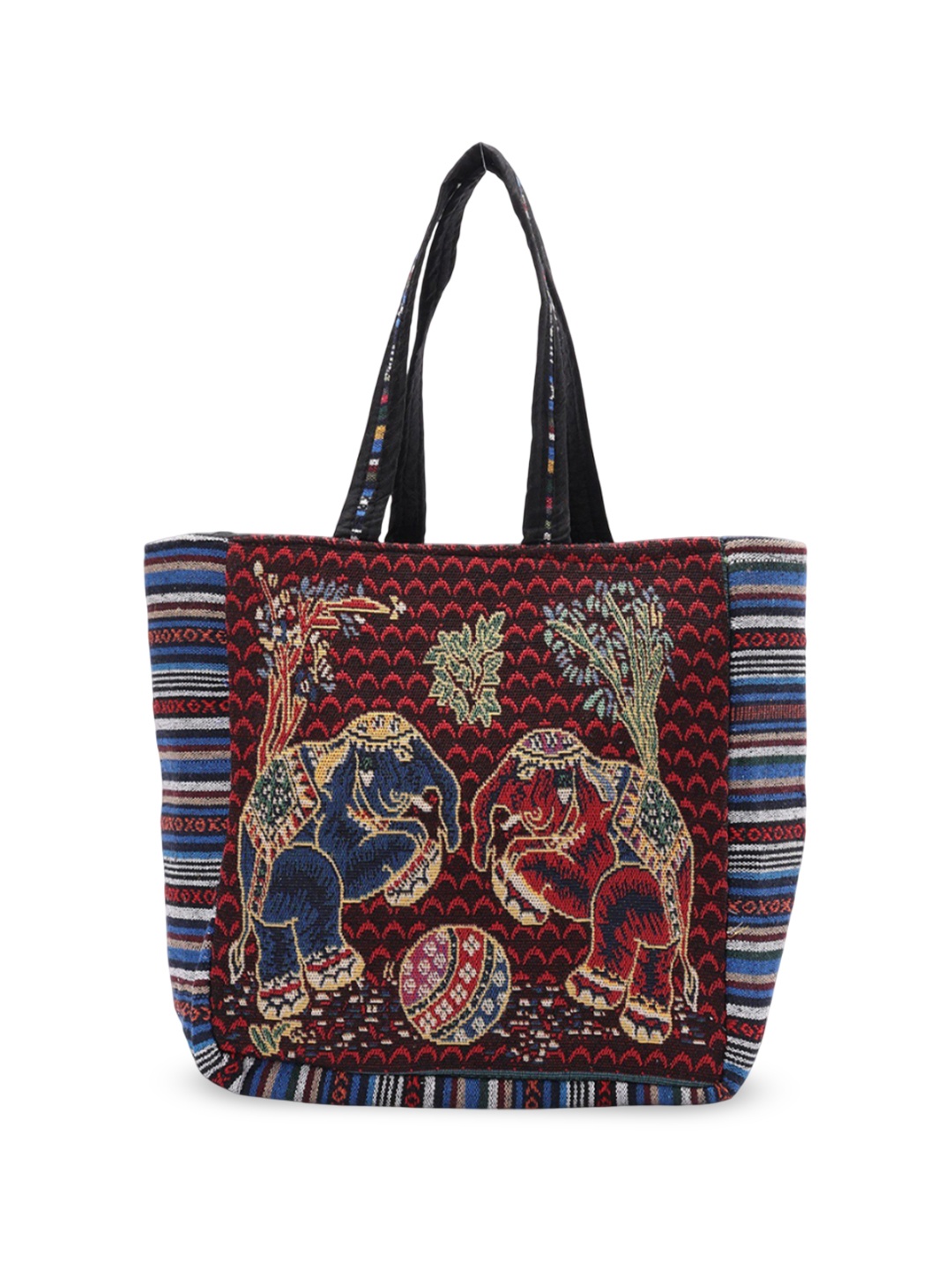 

Exotic India Cotton Embroidered Elephant Tote Bag, Red