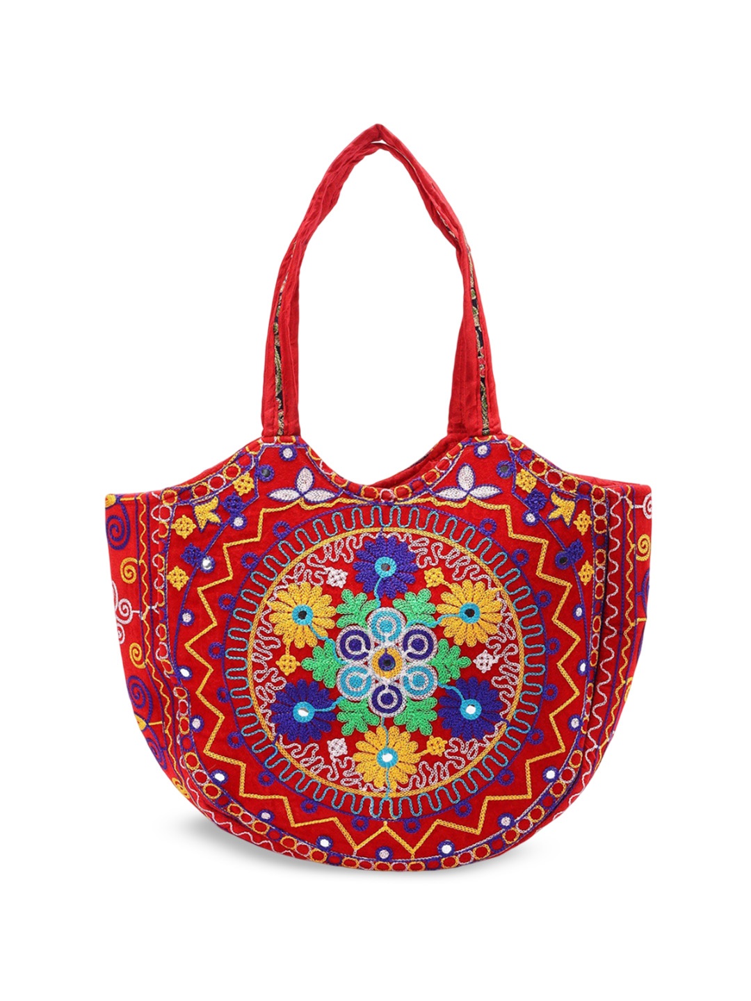 Exotic India Velvet Floral Embroidered Shoulder Bag, Red