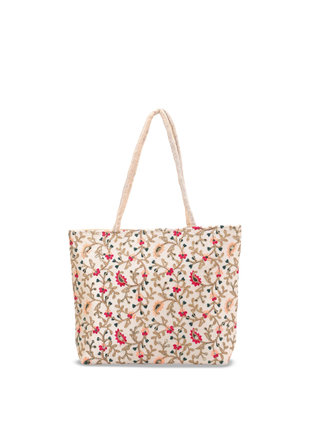 

Exotic India Floral Embroidered Shoulder Tote Bag, Off white