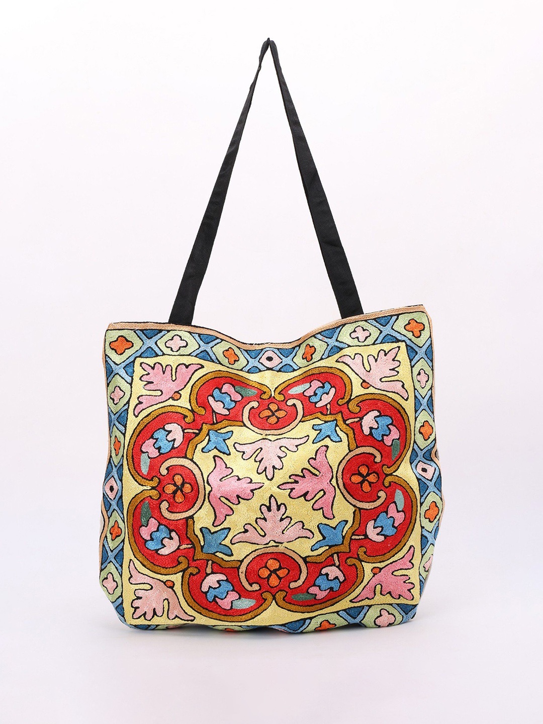 

Exotic India Chain Stitched Kashmiri Aari Embroidered Shopper Tote Bag, Yellow