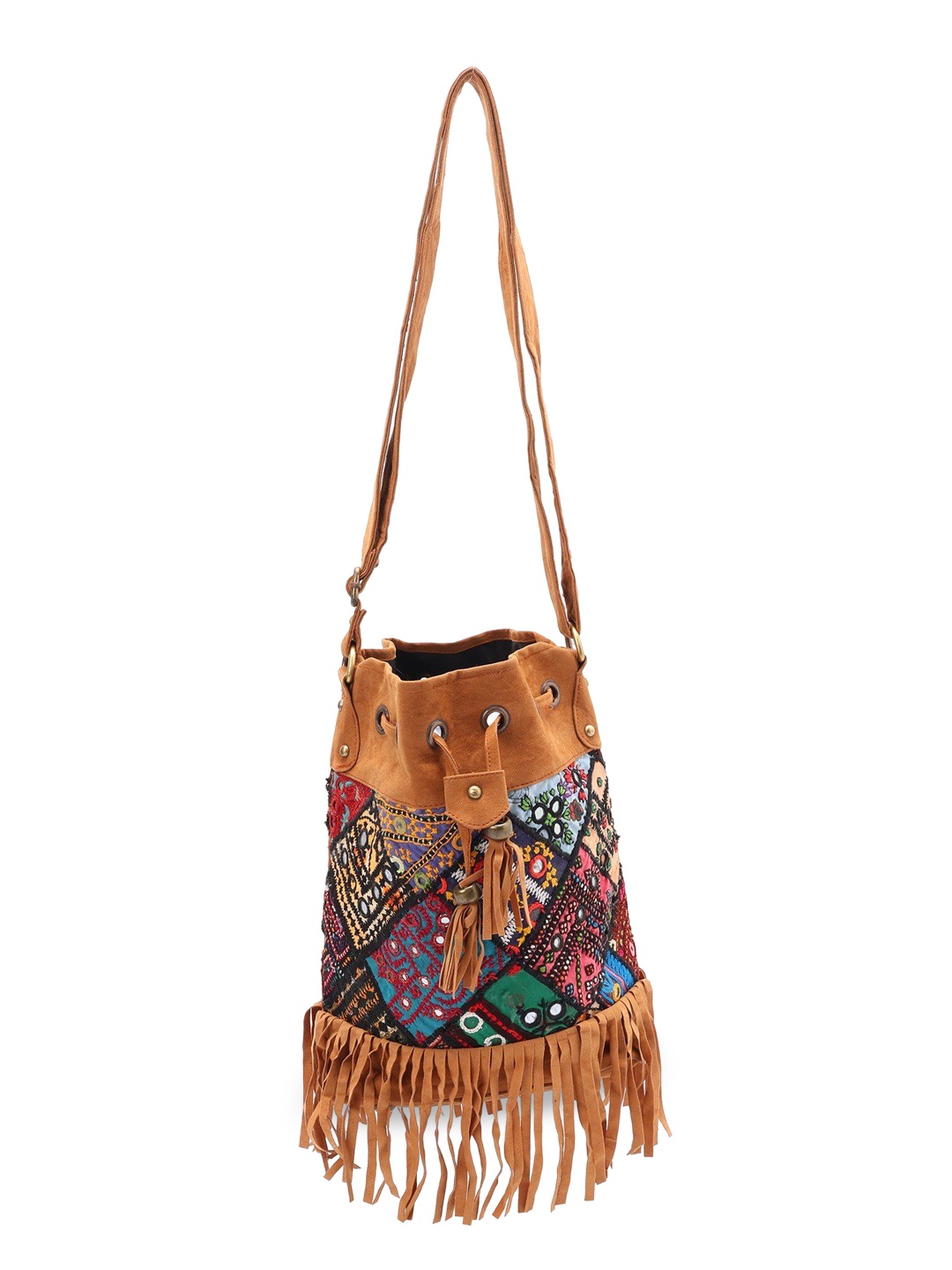 

Exotic India Banjara Style Side Shoulder Bag with Drawstring Closure and Patchwork, Tan