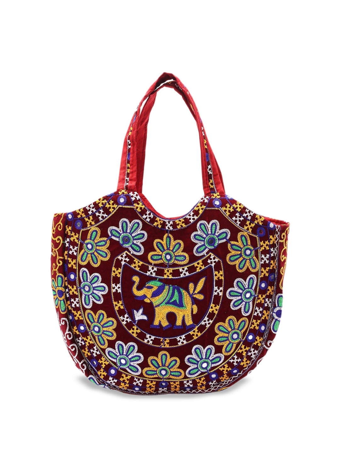 

Exotic India Velvet Embroidered Elephant Shoulder Bag, Red