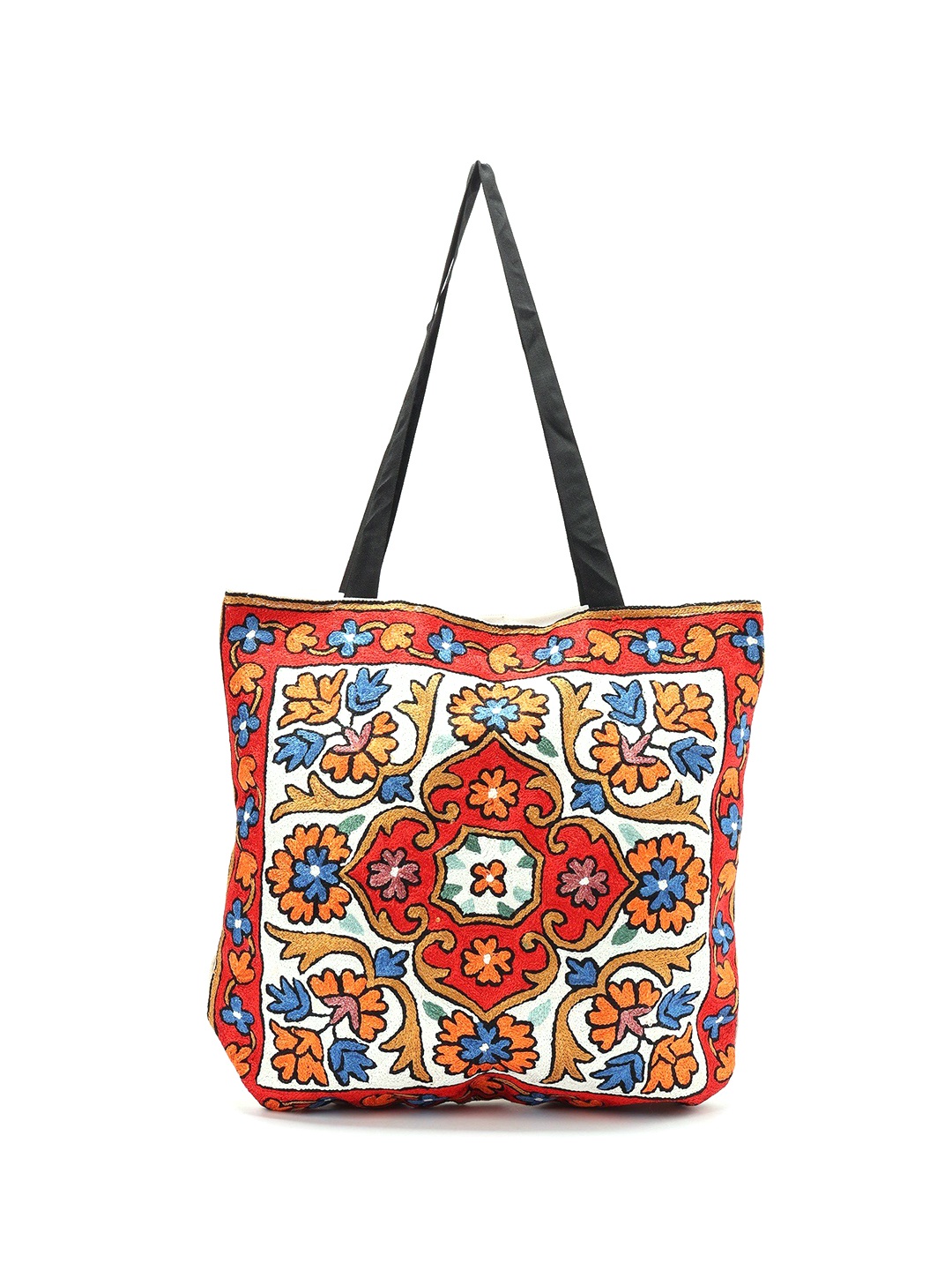 

Exotic India Chain Stitched Kashmiri Aari Embroidered Shopper Tote Bag, White