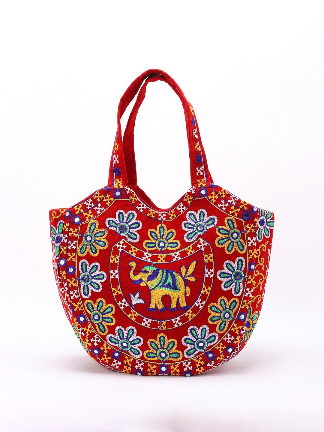 

Exotic India Velvet Red Kutch Shoulder Bag with Multicolor Embroidered Elephant