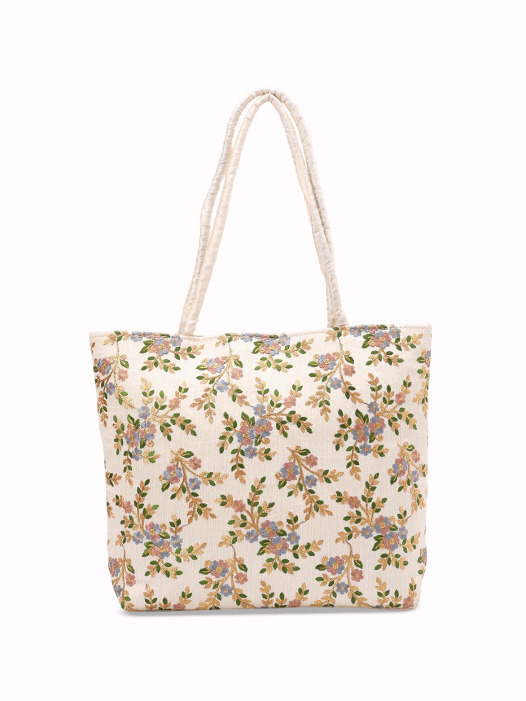 

Exotic India Shoulder Tote Bag with Floral Embroidery, Cream