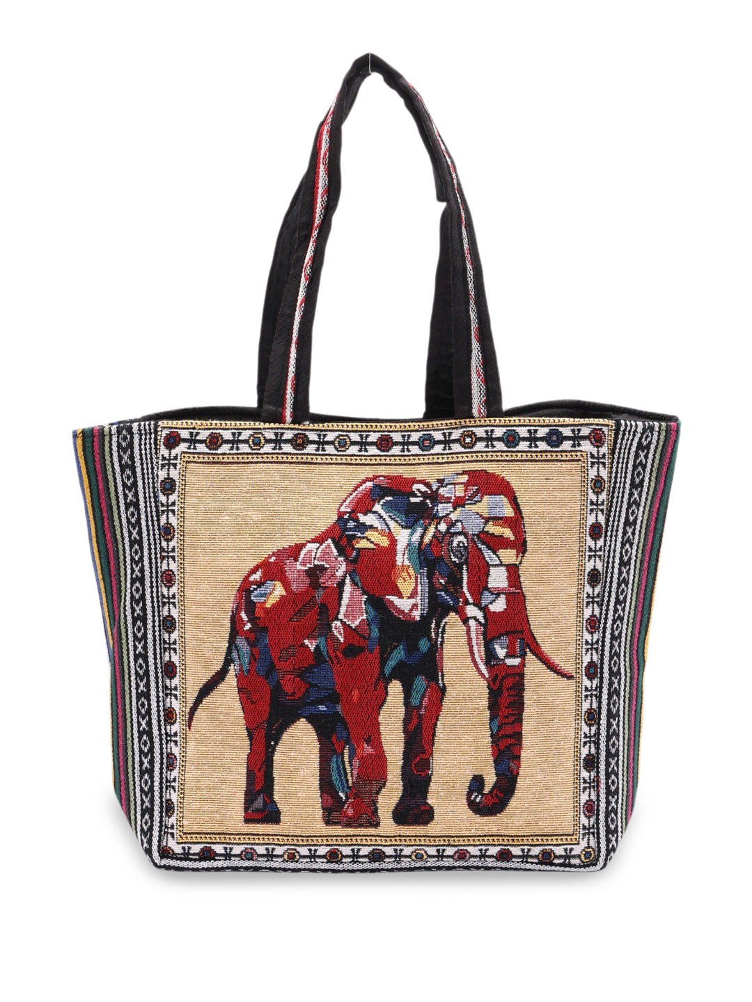 

Exotic India Cotton Tote Bag from Kutch with Woven Elephant and Zipper Closure, Multi