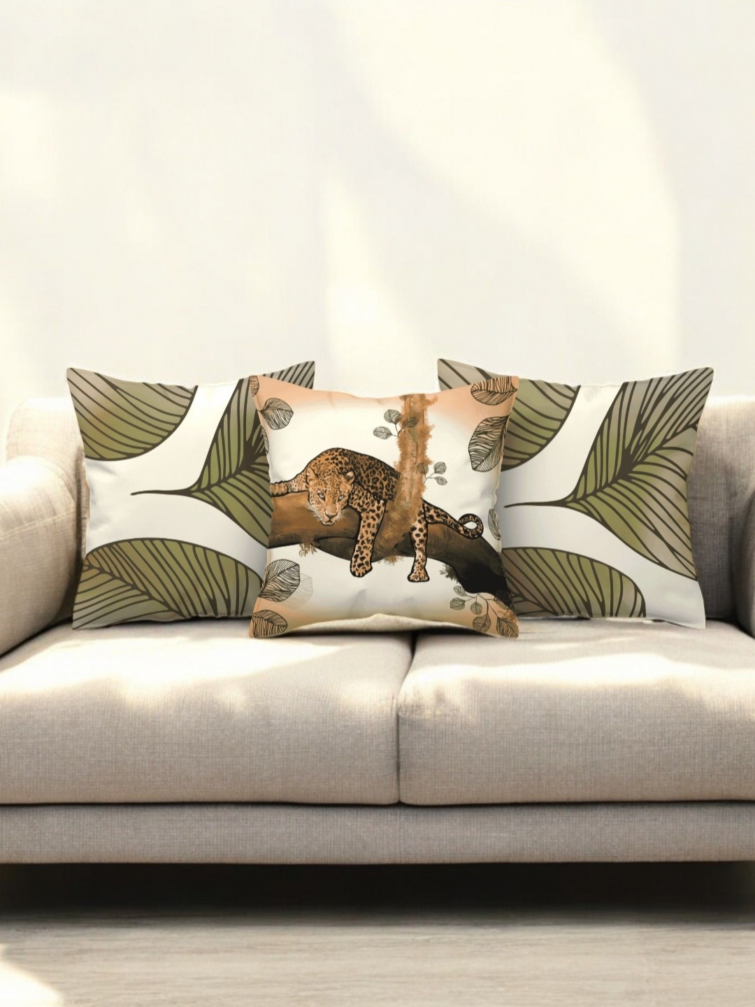 

LUSHLYF Green And White 3 Pieces Pure Cotton Floral Printed Square Shaped Cushion Covers