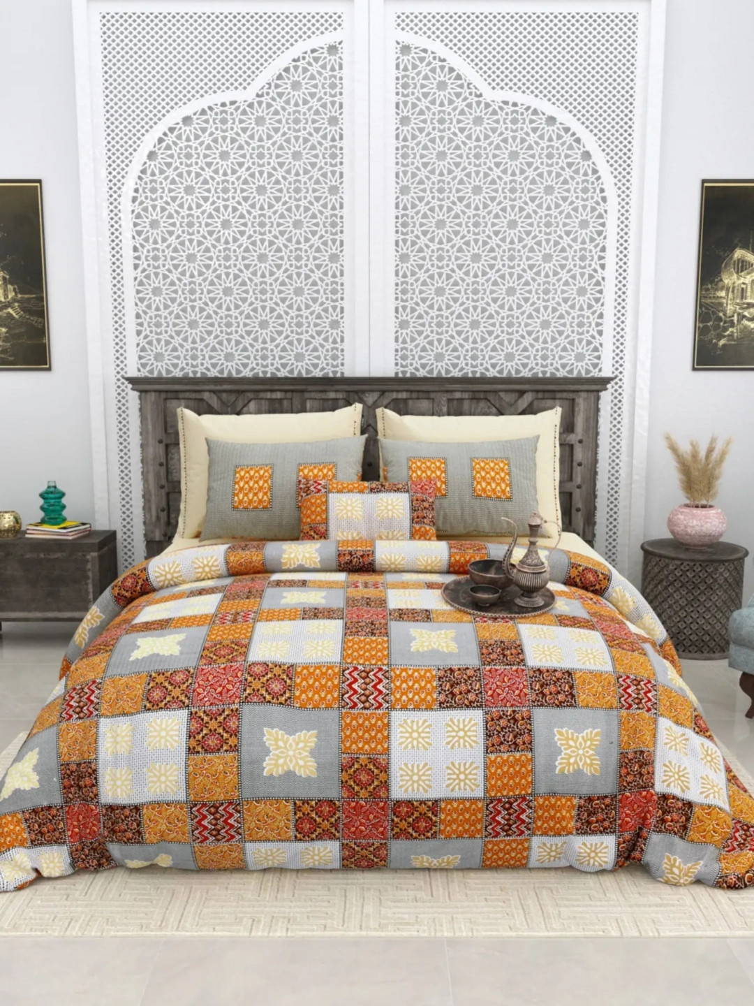 

LIVING ROOTS Bagru Gold Orange Printed Pure Cotton 300 TC King Bedsheet Set 2.6 m x 2.6 m