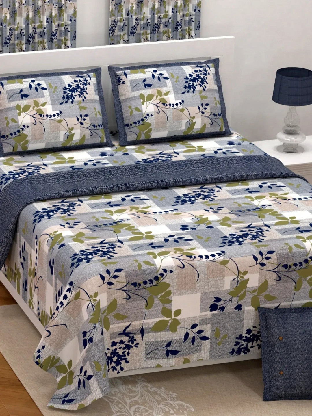 

LIVING ROOTS Nandani Blue Printed Pure Cotton 300 TC King Bedsheet Set 2.6 m x 2.6 m