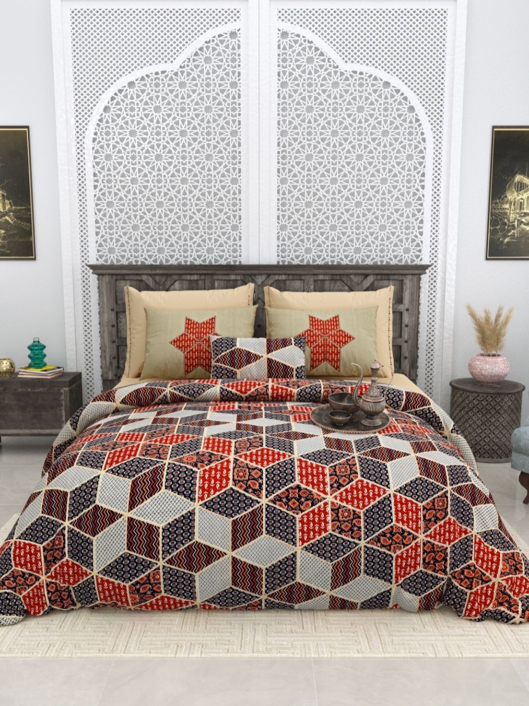 

LIVING ROOTS Bagru old Red Printed Pure Cotton 300 TC King Bedsheet Set-2.64m x 2.64m