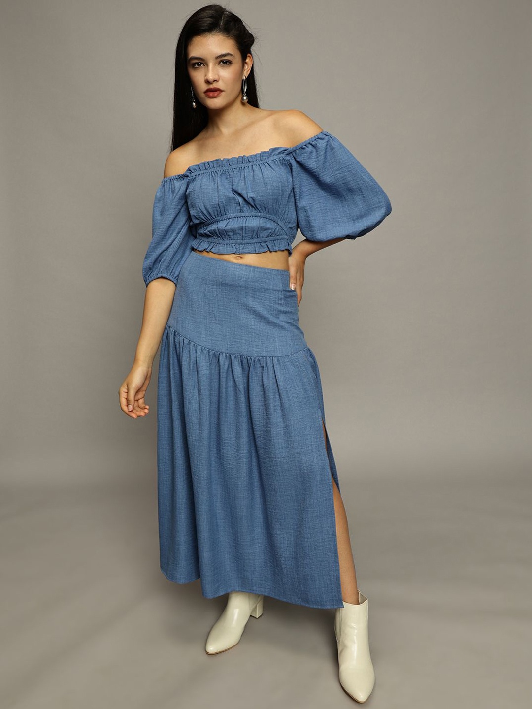 

The Roadster Off Shoulder Crop Top And Skirt, Blue