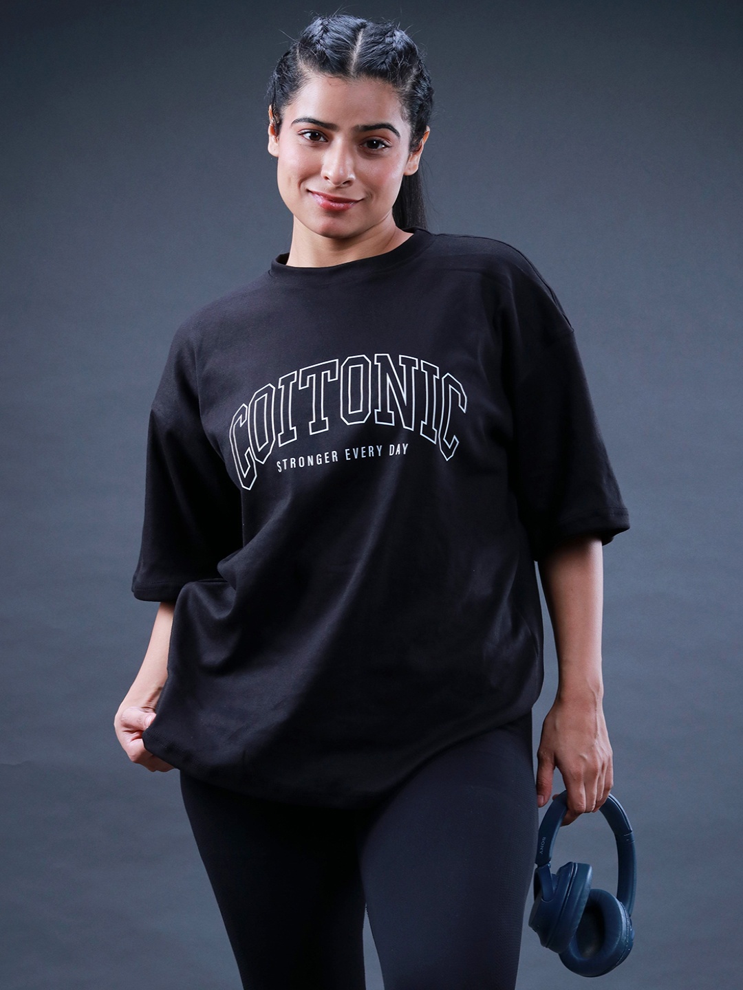 

Coitonic Women Typography Printed Oversized Cotton T-shirt, Black