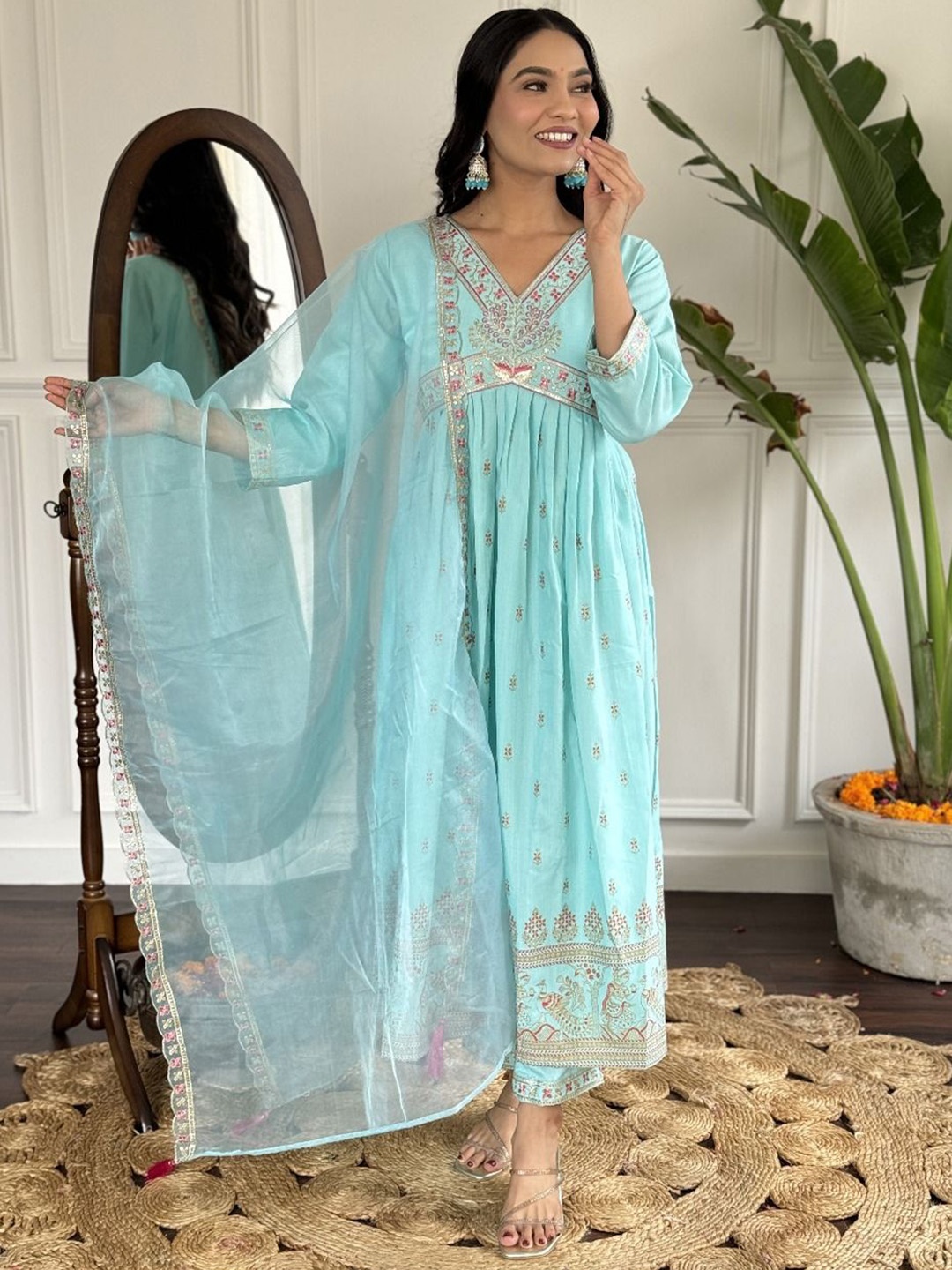

IZIBRA Floral Embroidered V-Neck Anarkali Kurta with Trousers And Dupatta, Blue