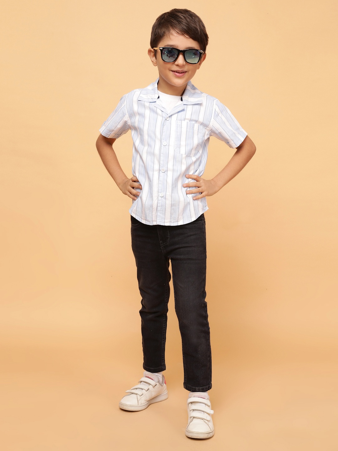 

TALES & STORIES Boys Cuban Collar Vertical Striped Cotton Casual Shirt, White
