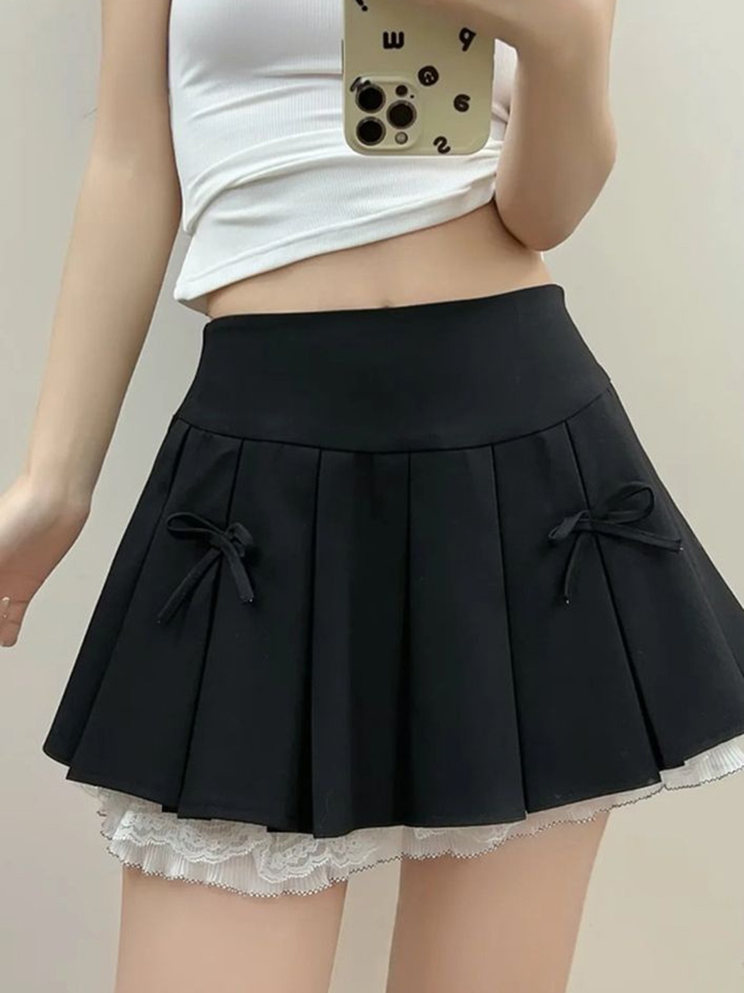 

LULU & SKY Mini Knife Pleated Bow Skater Skirt, Black