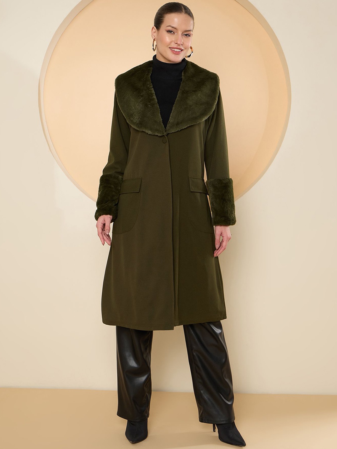 

Antheaa Women Solid Longline Overcoat, Olive