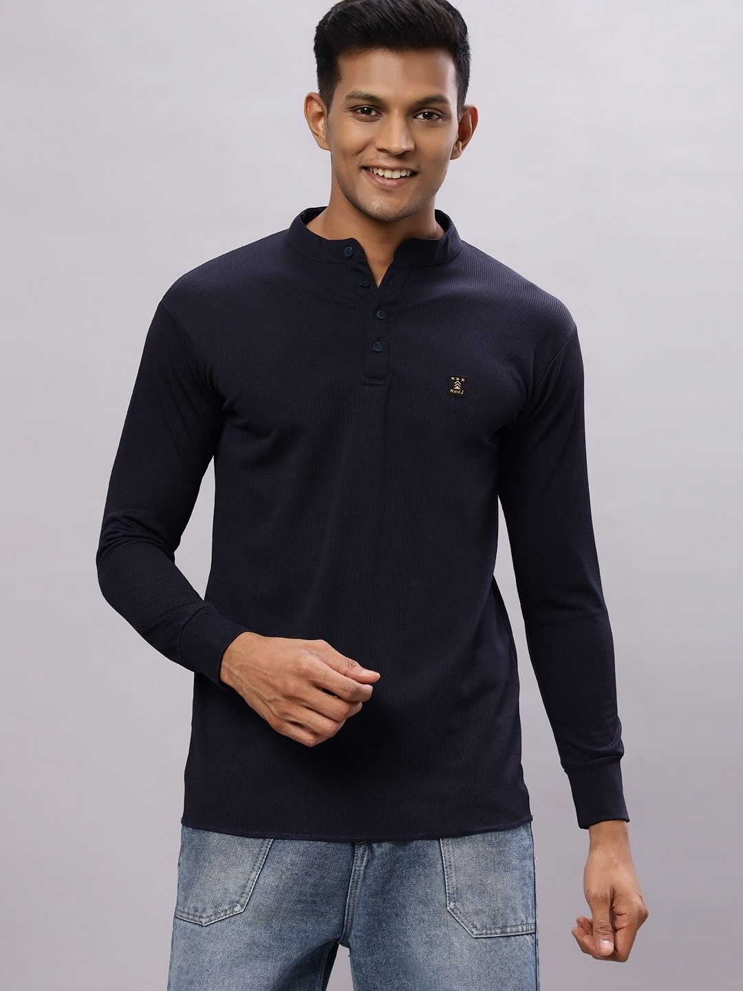 

N AND J Men Solid Henley Neck Cotton T-shirt, Navy blue