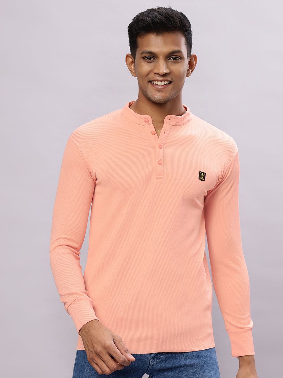 

N AND J Men Henley Neck Applique T-shirt, Peach
