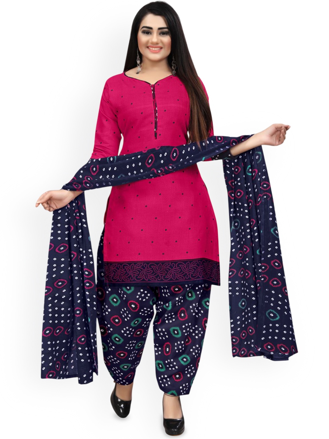 

Anny Deziner Bandhani V-Neck Straight Kurta With Salwar And Dupatta, Pink