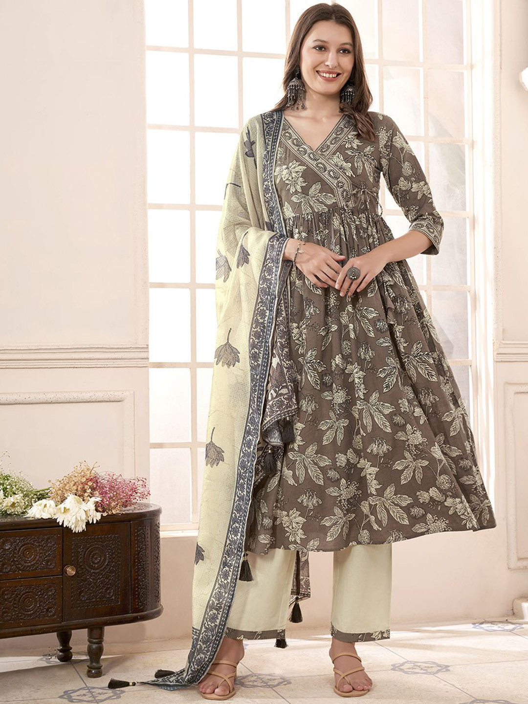 

Anouk Brown & Beige Floral Printed Pure Cotton Anarkali Kurta With Palazzos And Dupatta