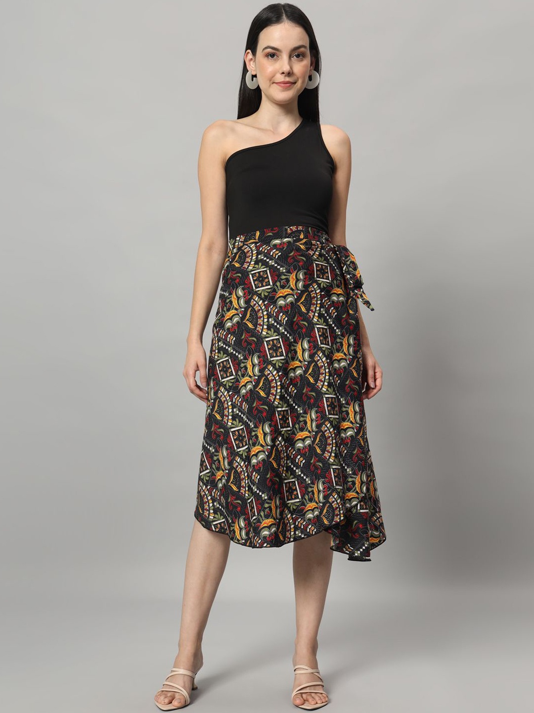 

BODYFIGURE Women Printed Wrap Around Midi Skirt, Black