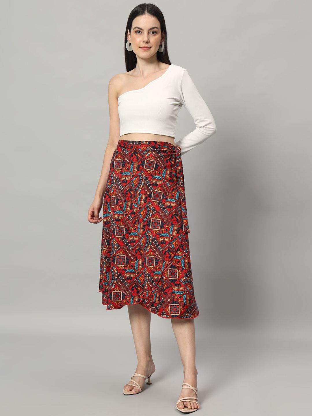 

BODYFIGURE Printed Textured Wrap Around Midi Skirt, Maroon