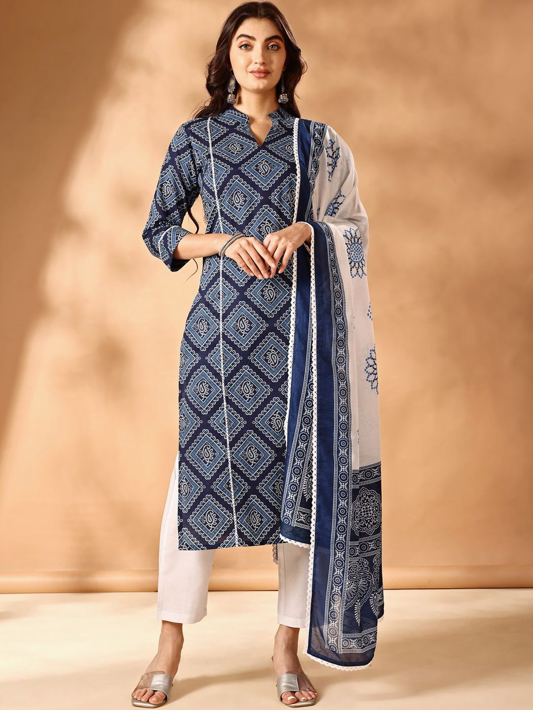 

Anouk Navy Blue Ethnic Motifs Printed Pure Cotton Straight Kurta With Trousers And Dupatta