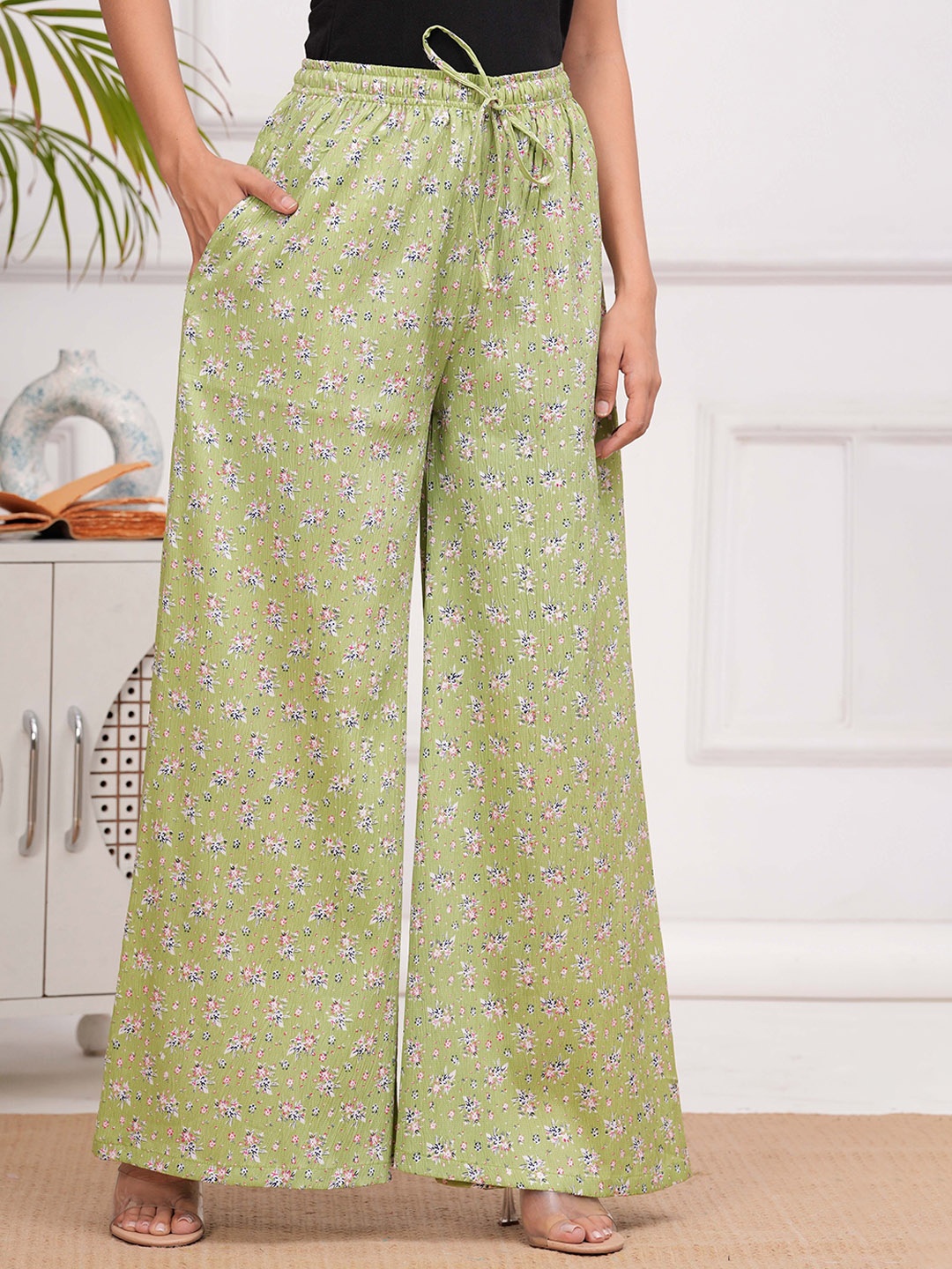 

Wakshi Kurti Women Printed Relaxed Fit Cotton Wide Leg Trousers, Green