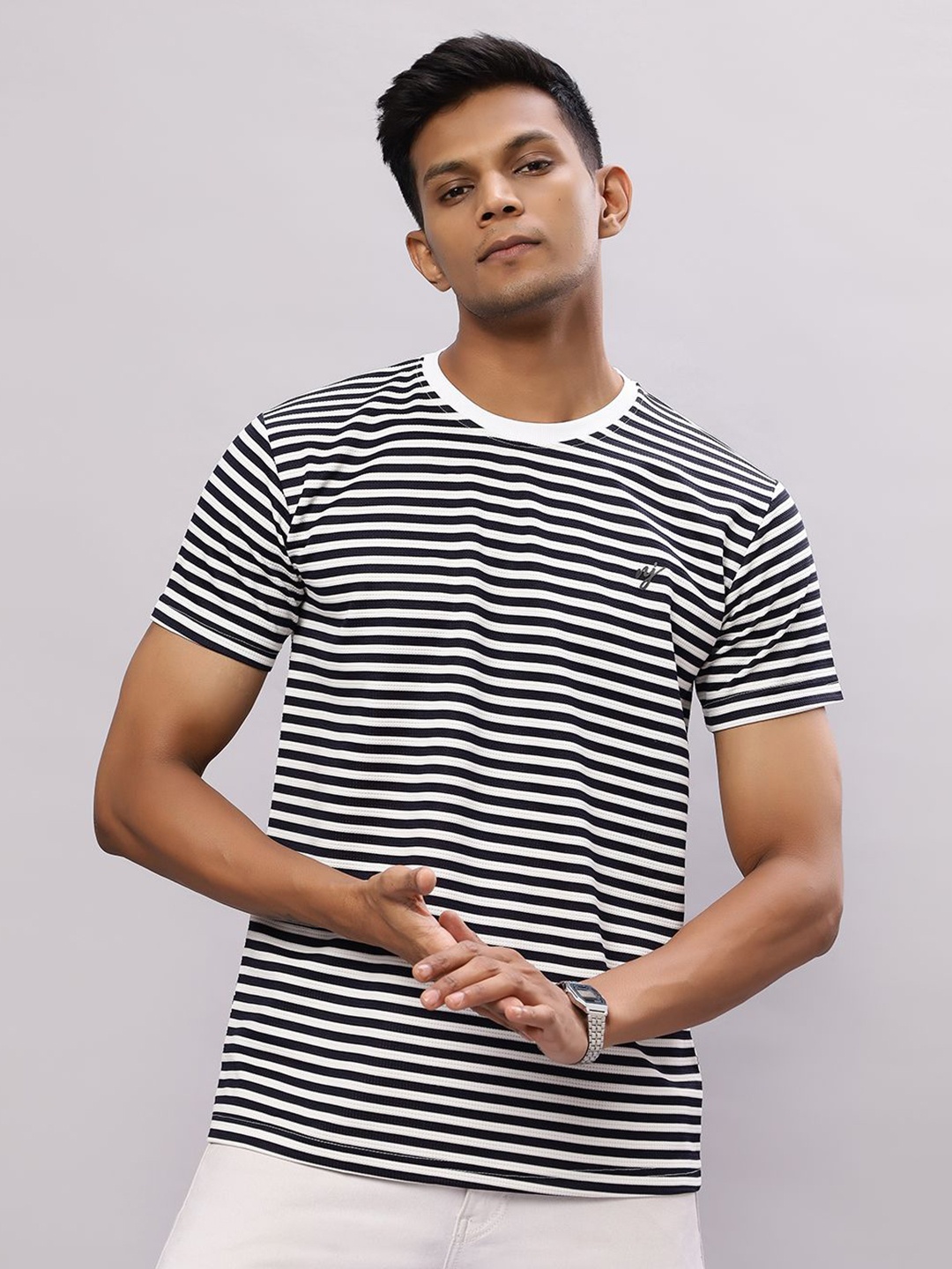 

N AND J Men Striped Round Neck Cotton Slim Fit T-shirt, Navy blue