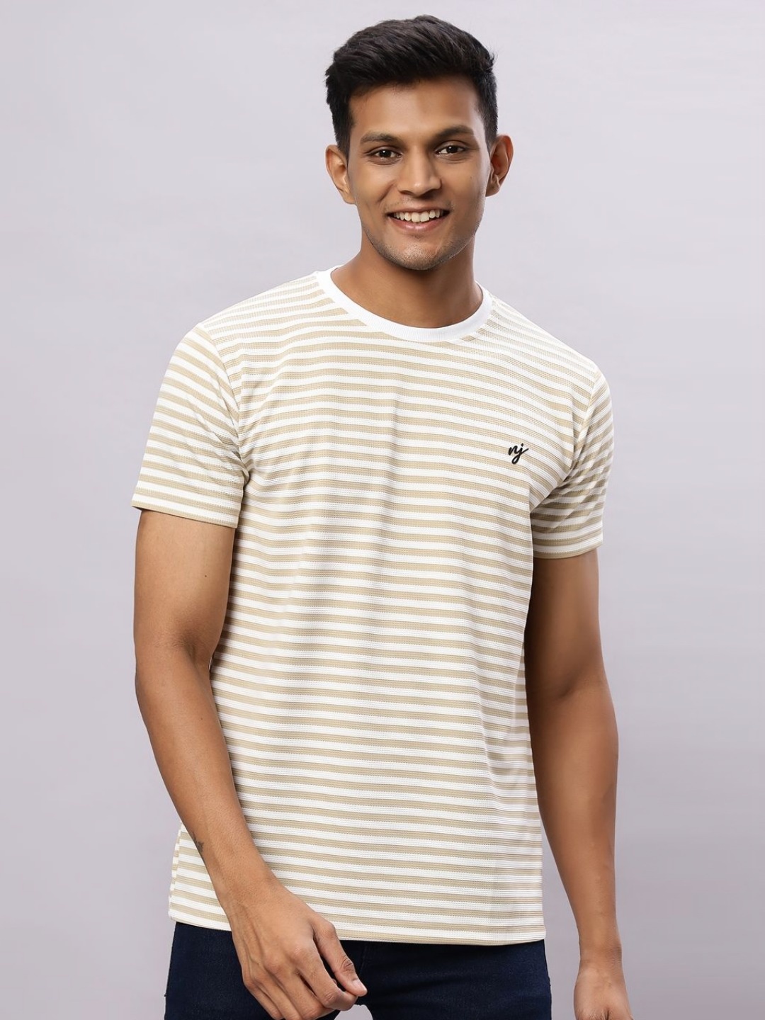 

N AND J Men Striped Round Neck Cotton T-shirt, Beige