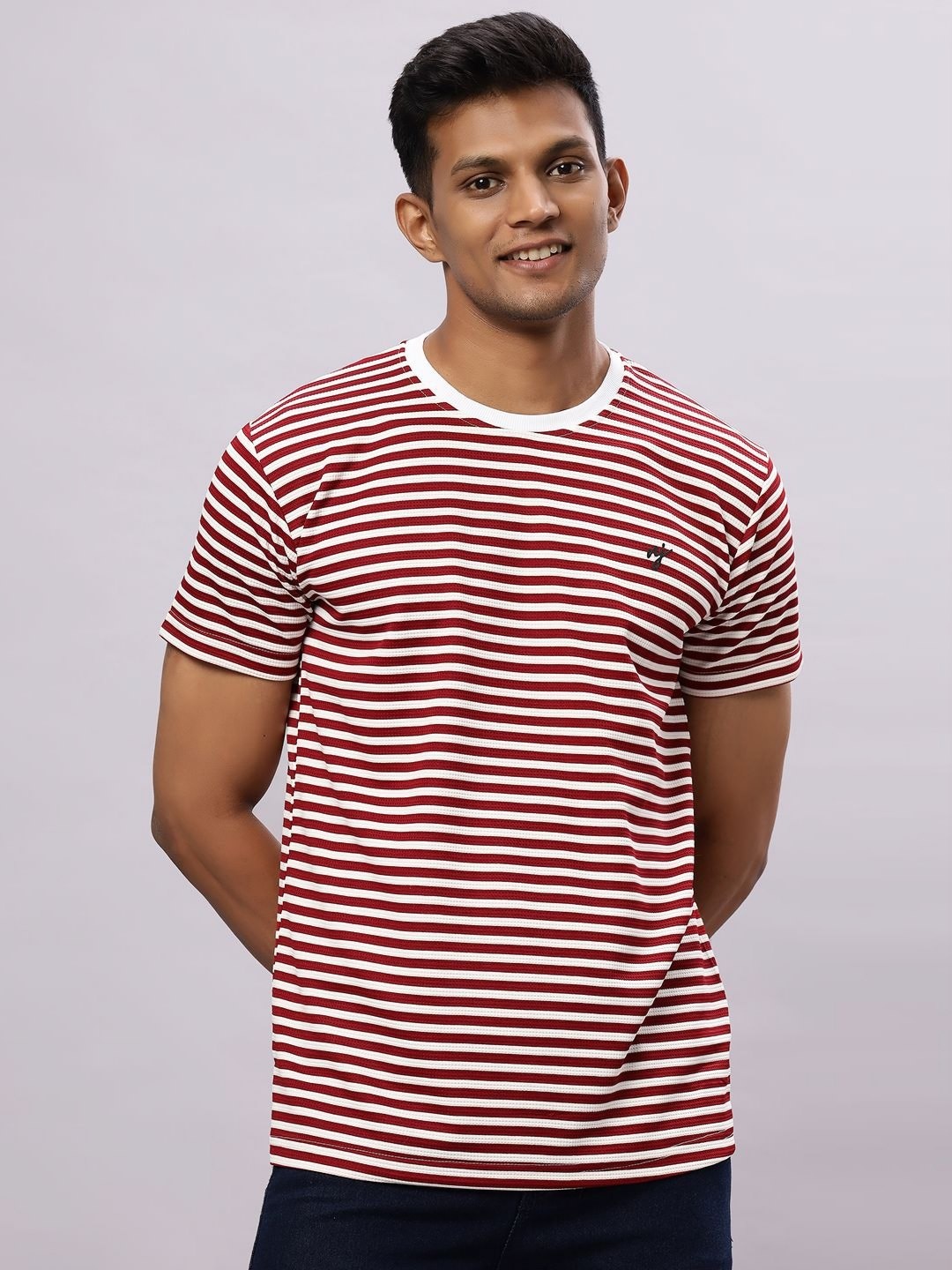 

N AND J Men Striped Round Neck Cotton T-shirt, Red